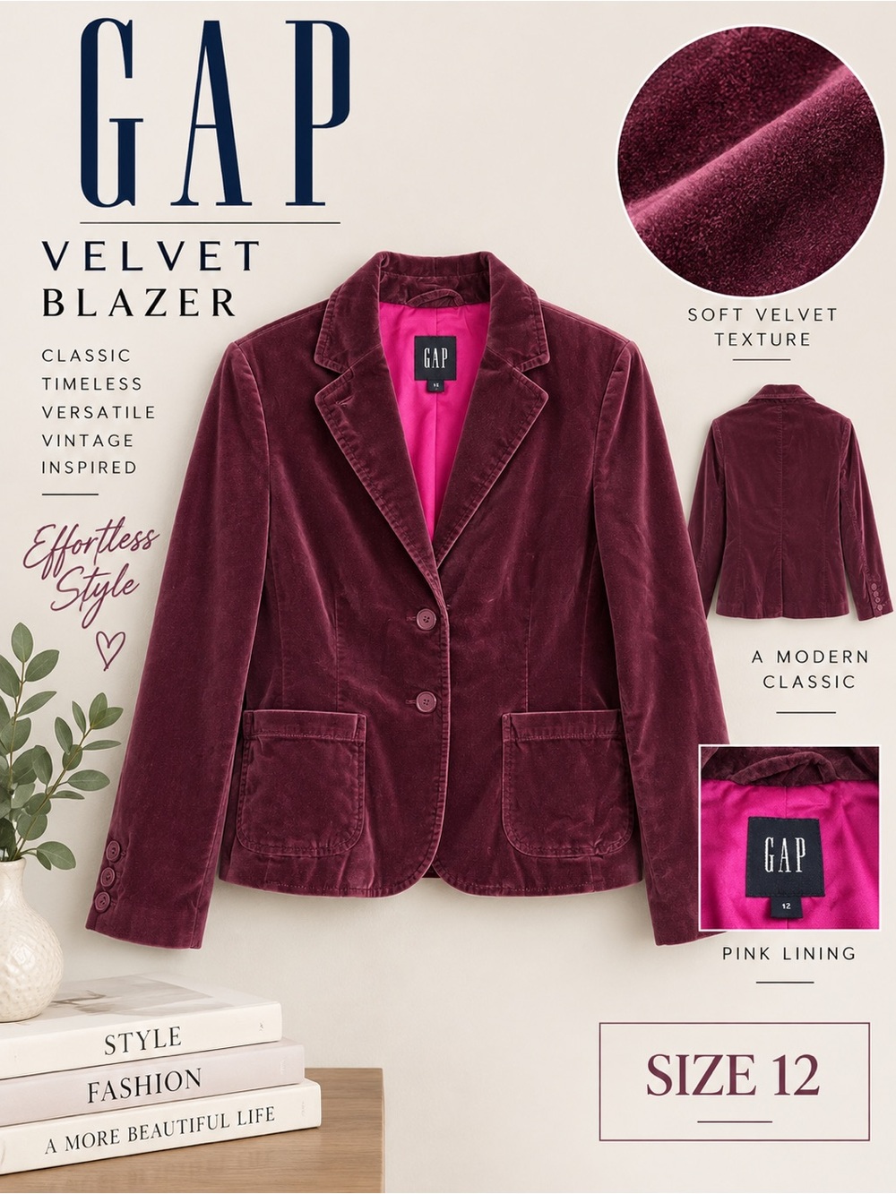 GAP Velvet Blazer Size 12 Plum Purple Lined Y2K 90s